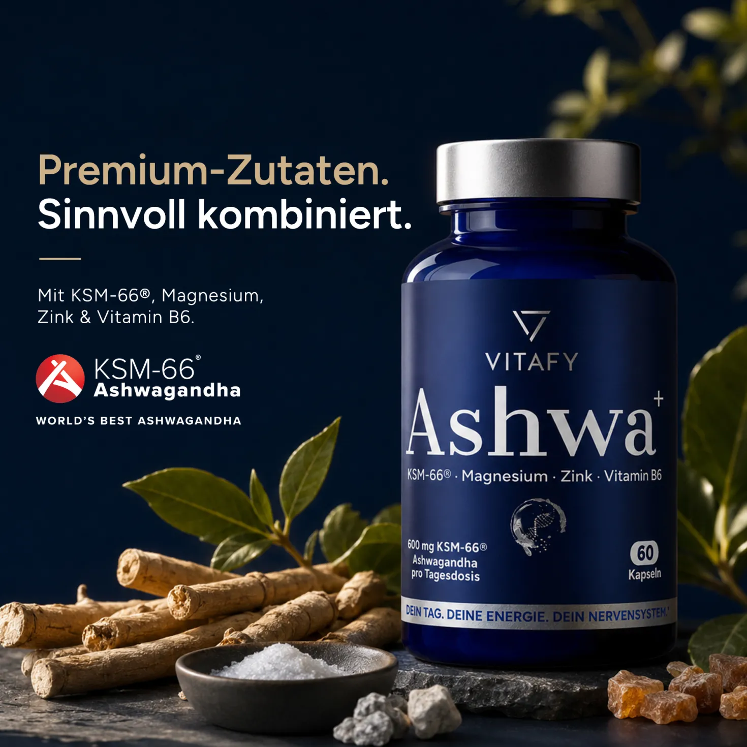 Ashwa+ Ashwagandha KSM-66® mit Magnesium, Zink & Vitamin B6 (60 Kapseln)