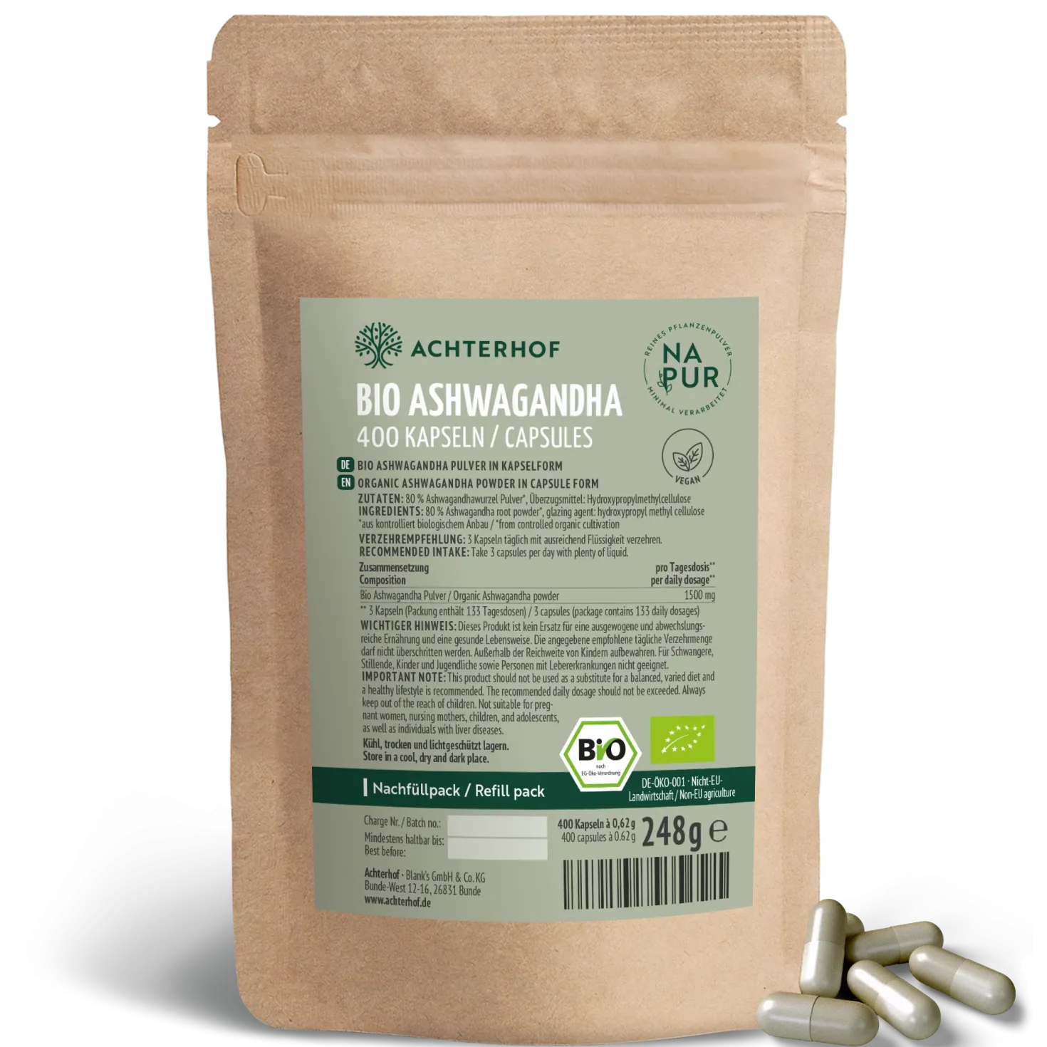 Bio Ashwagandha Kapseln Nachfüllpack (400 Kapseln)