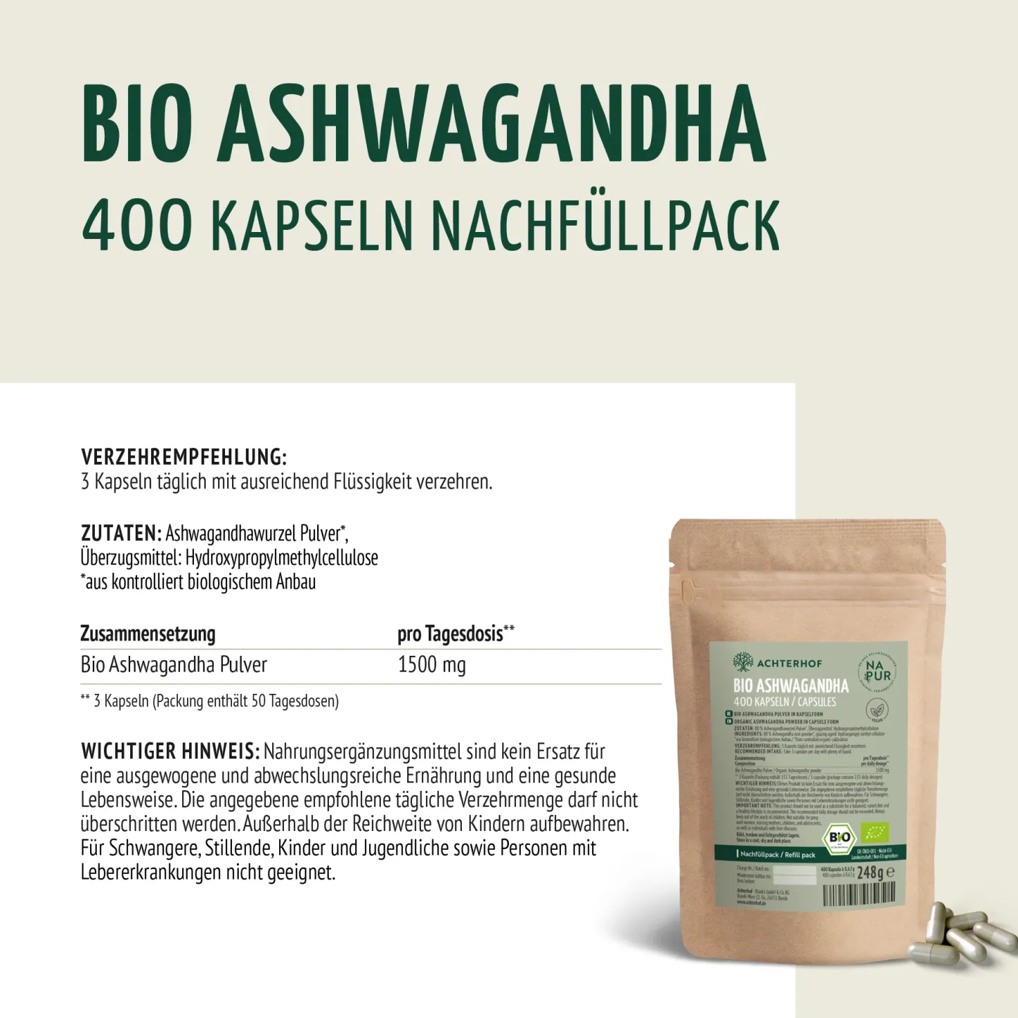 Bio Ashwagandha Kapseln Nachfüllpack (400 Kapseln)