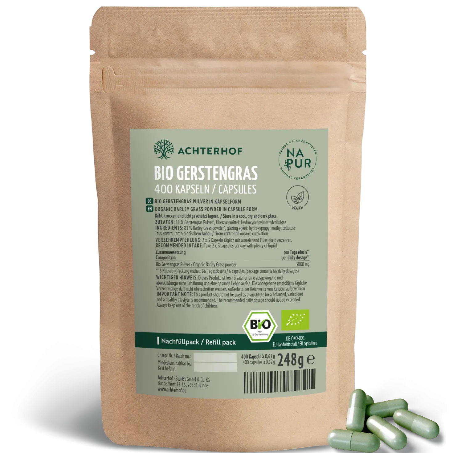 Bio Gerstengras Kapseln Nachfüllpack (400 Kapseln)