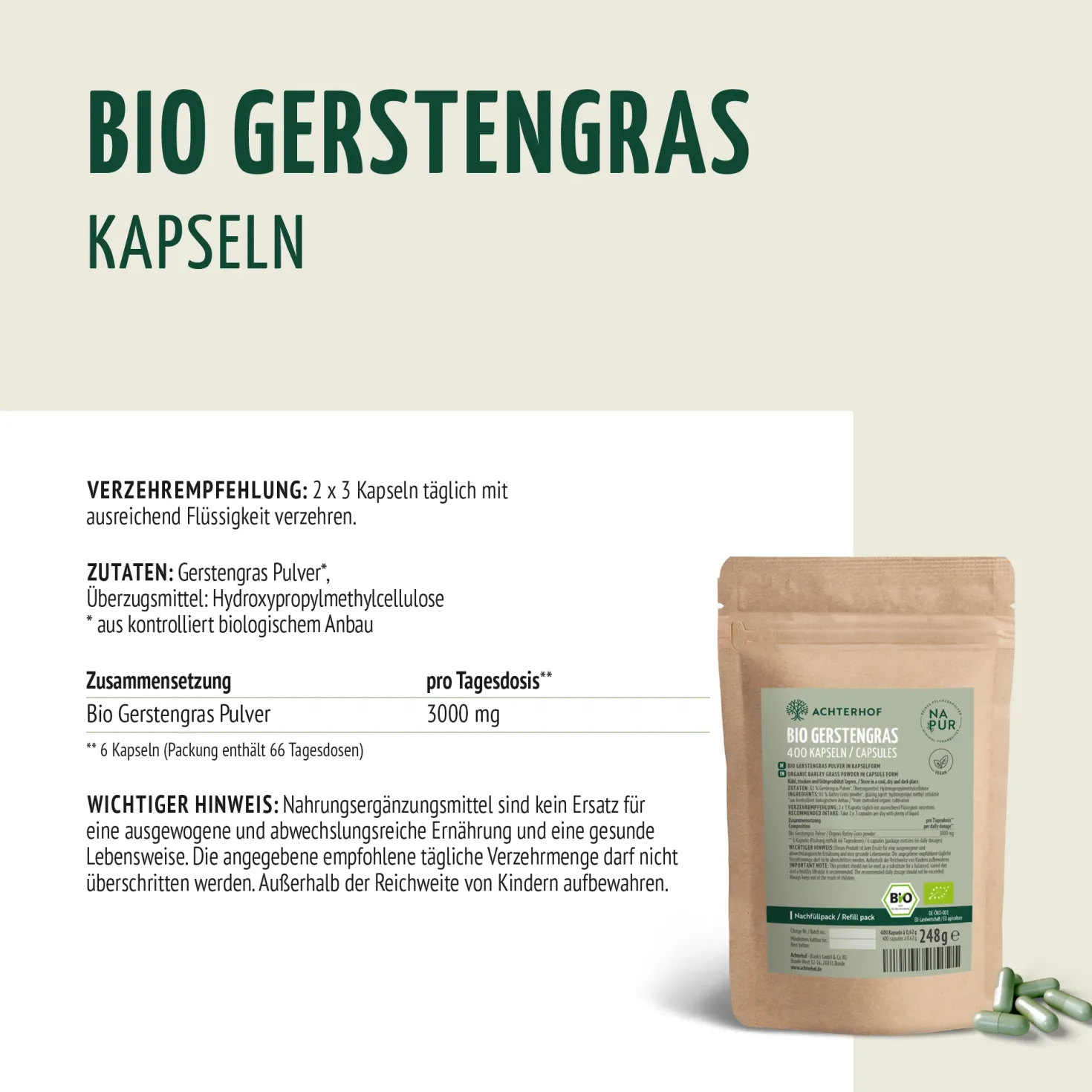 Bio Gerstengras Kapseln Nachfüllpack (400 Kapseln)