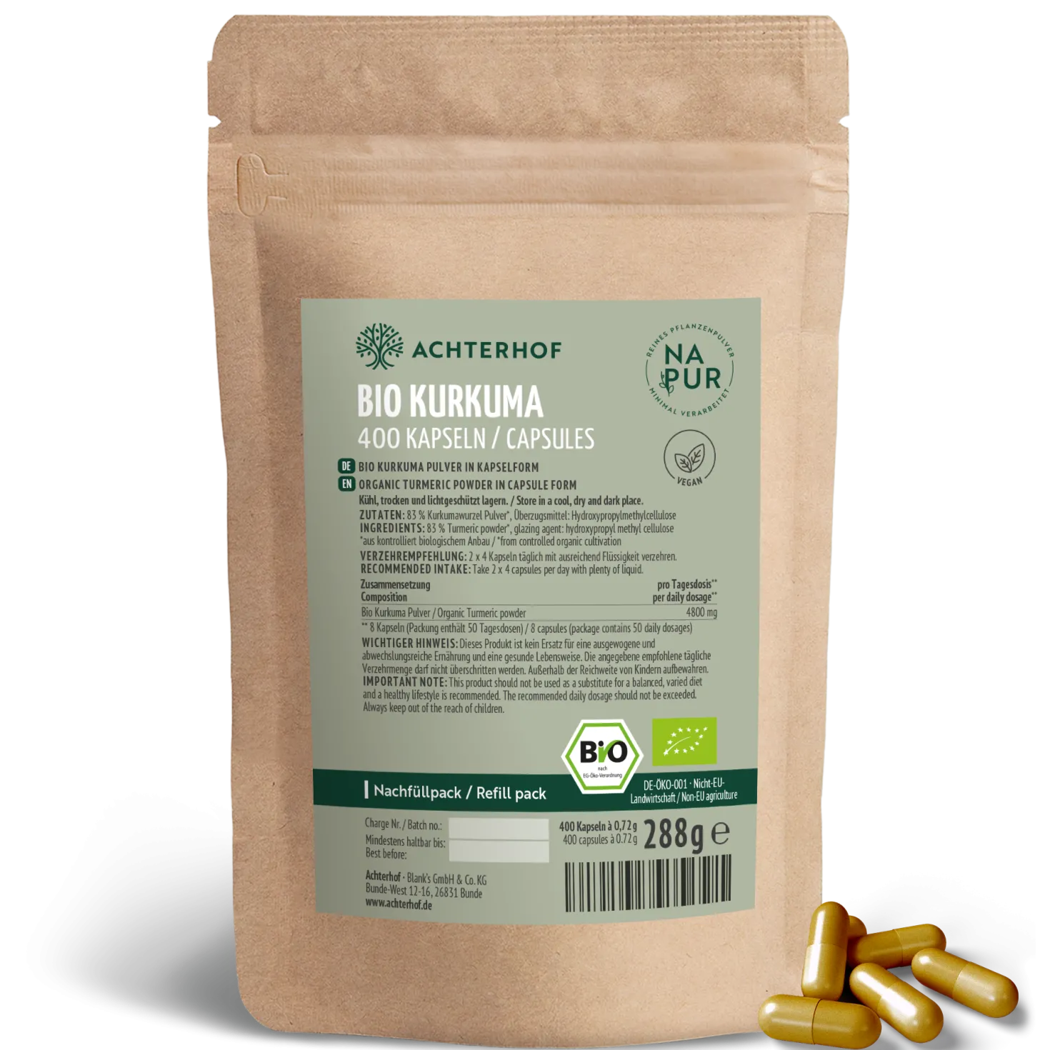 Bio Kurkuma Kapseln Nachfüllpack (400 Kapseln)