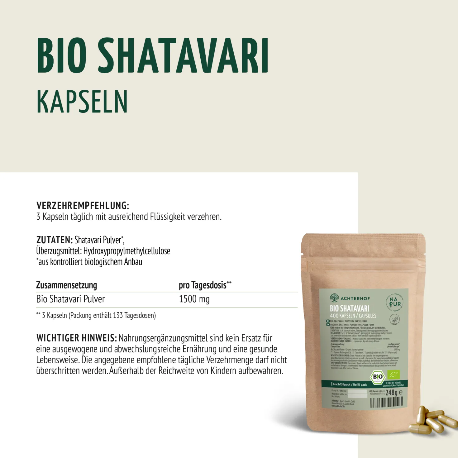 Bio Shatavari Kapseln Nachfüllpack (400 Kapseln)
