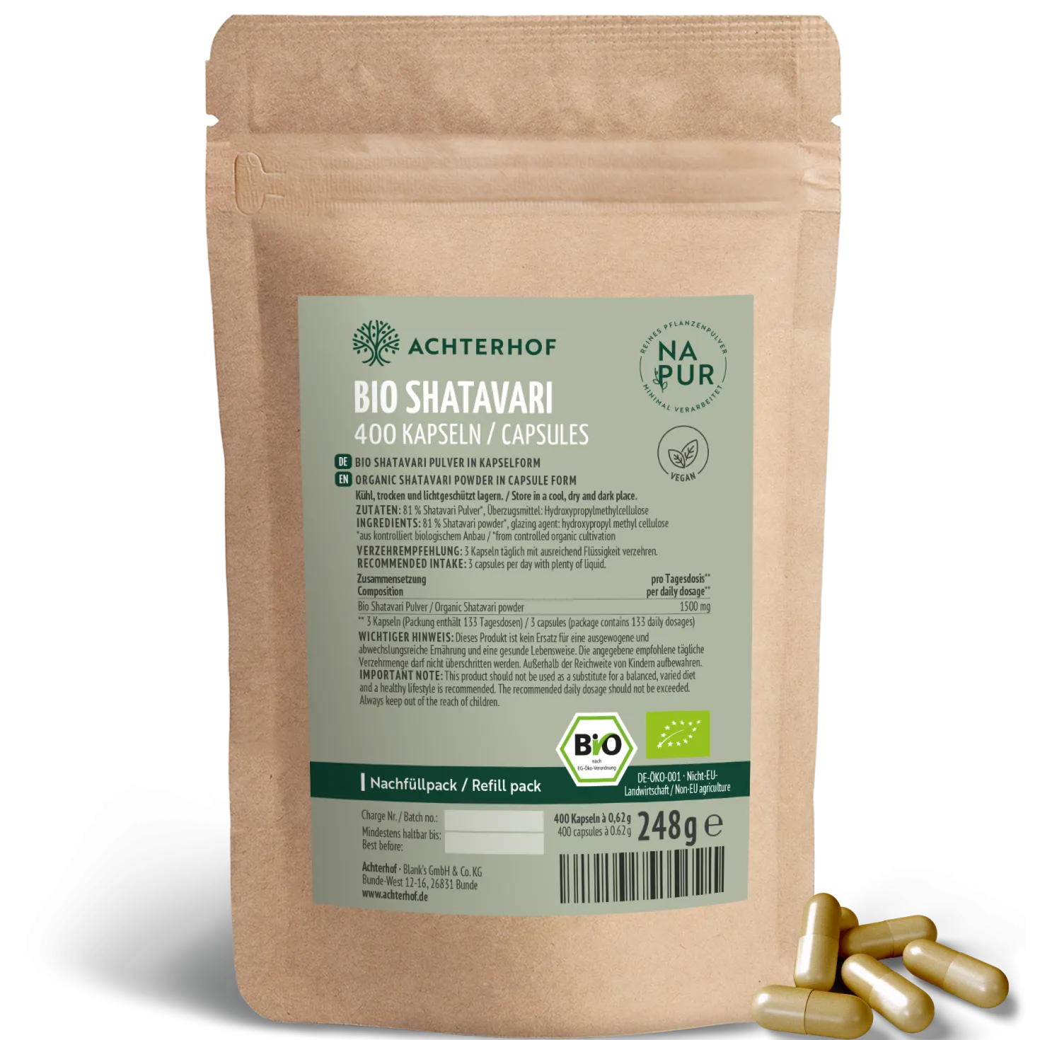 Bio Shatavari Kapseln Nachfüllpack (400 Kapseln)