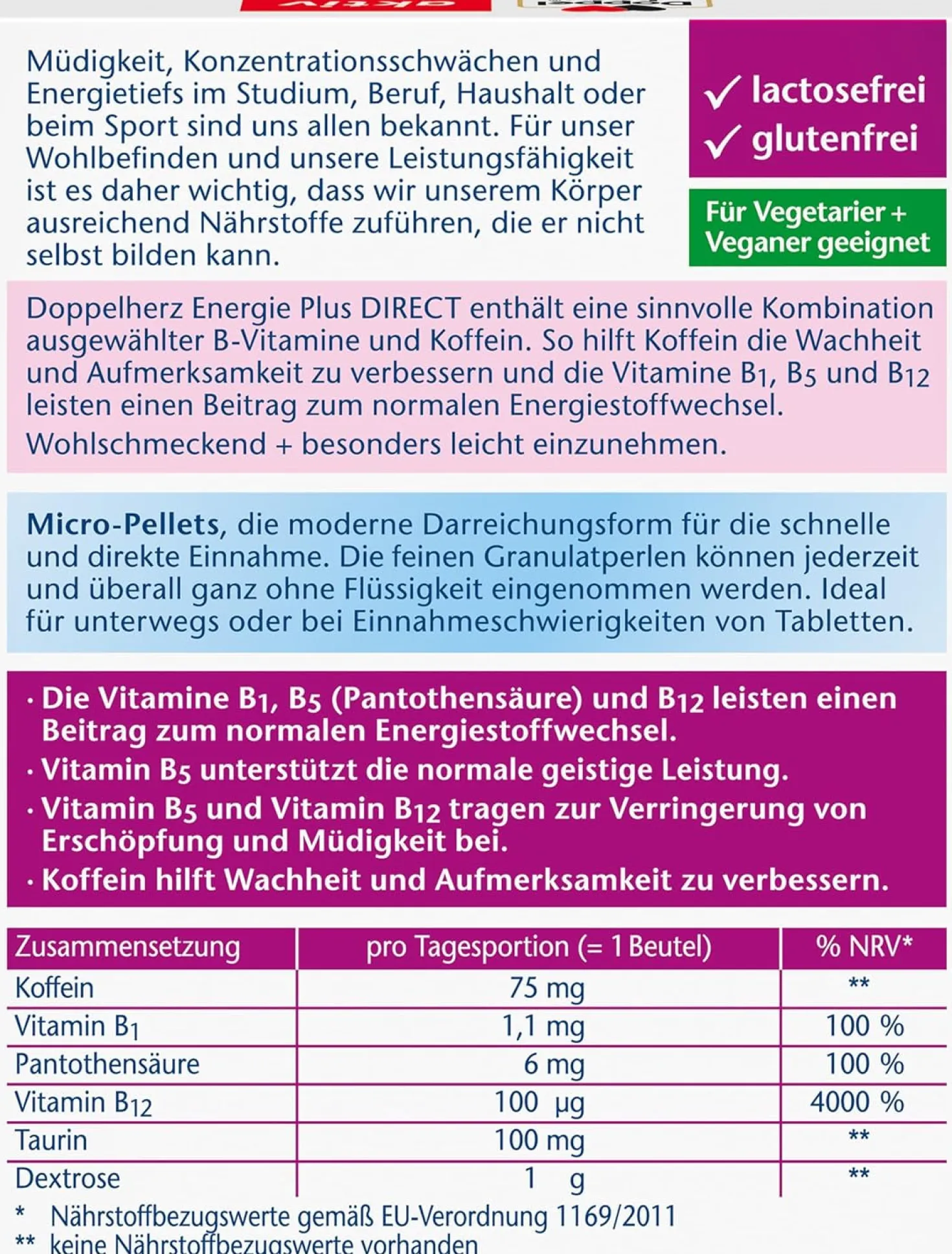 Energie Plus Koffein + Taurin + B-Vitamine Direct (20 Portionsbeutel)