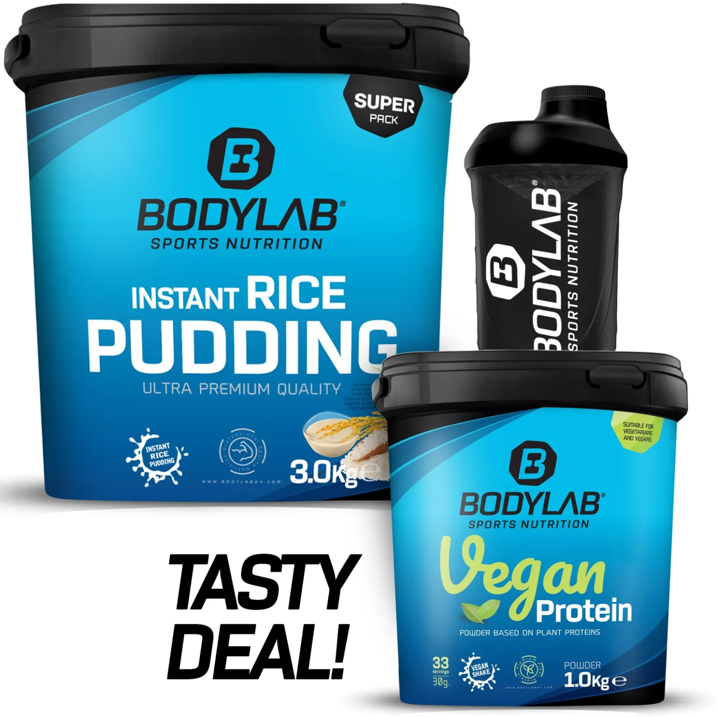 Tasty Deal mit 1kg Vegan Protein + 3kg Instant Rice Pudding + Shaker gratis