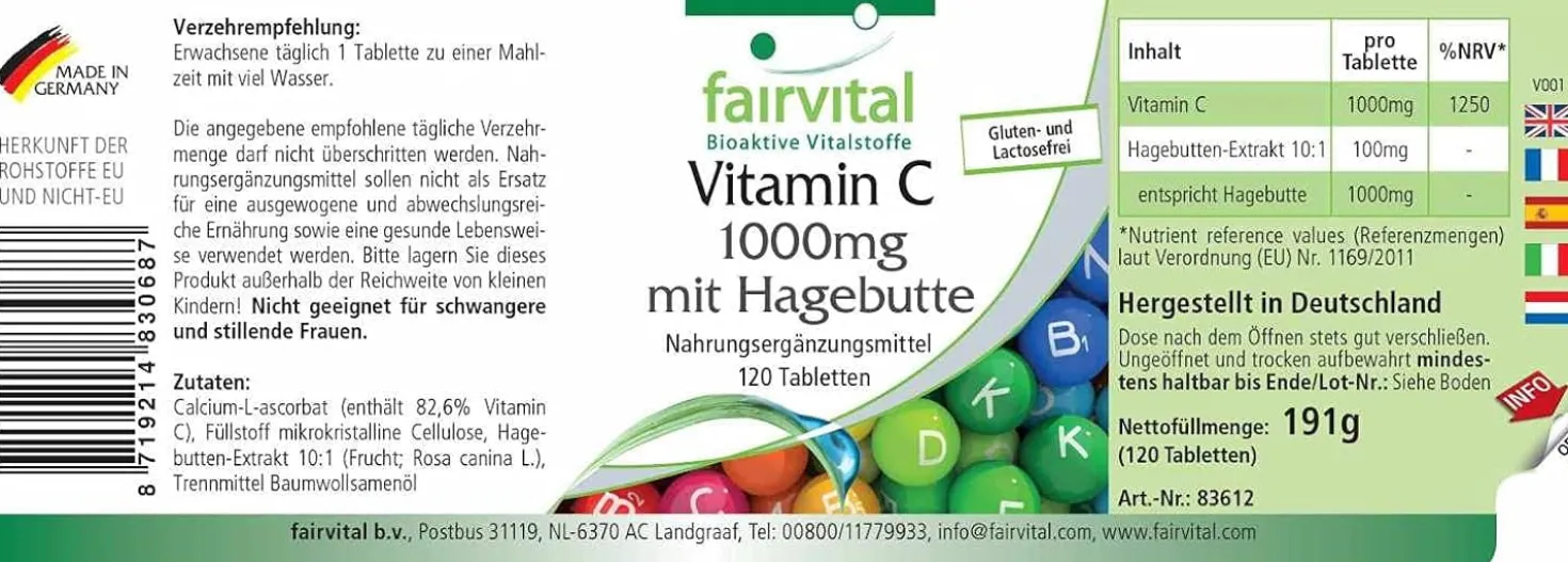 Vitamin C 1000mg mit Hagebutten (120 Tabletten)