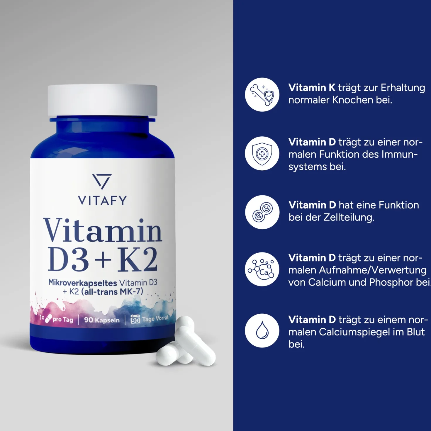Vitamin D3 + K2 (90 Kapseln)
