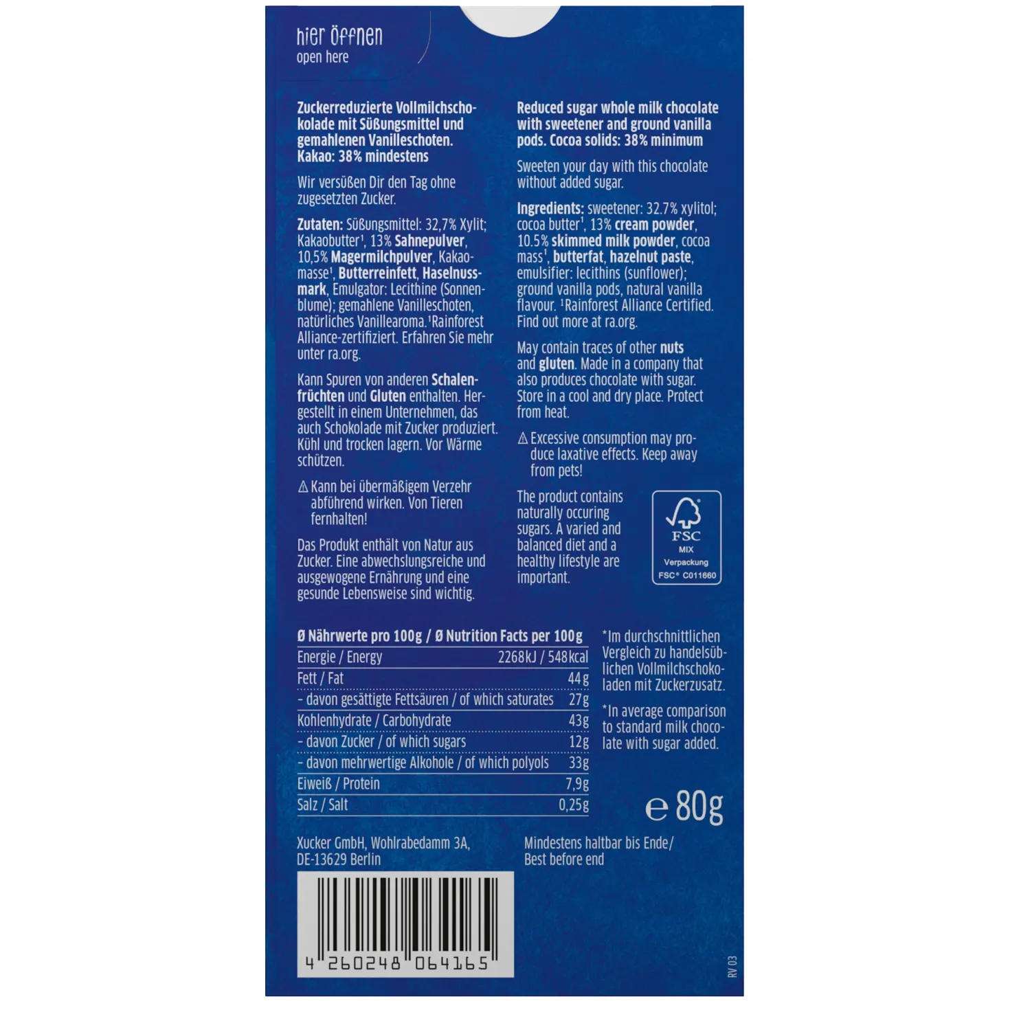 Xylit-Schokolade Vollmilch (80g)