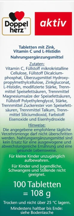 Zink 15 + Histidin + Vitamin C Depot (100 Tabletten)